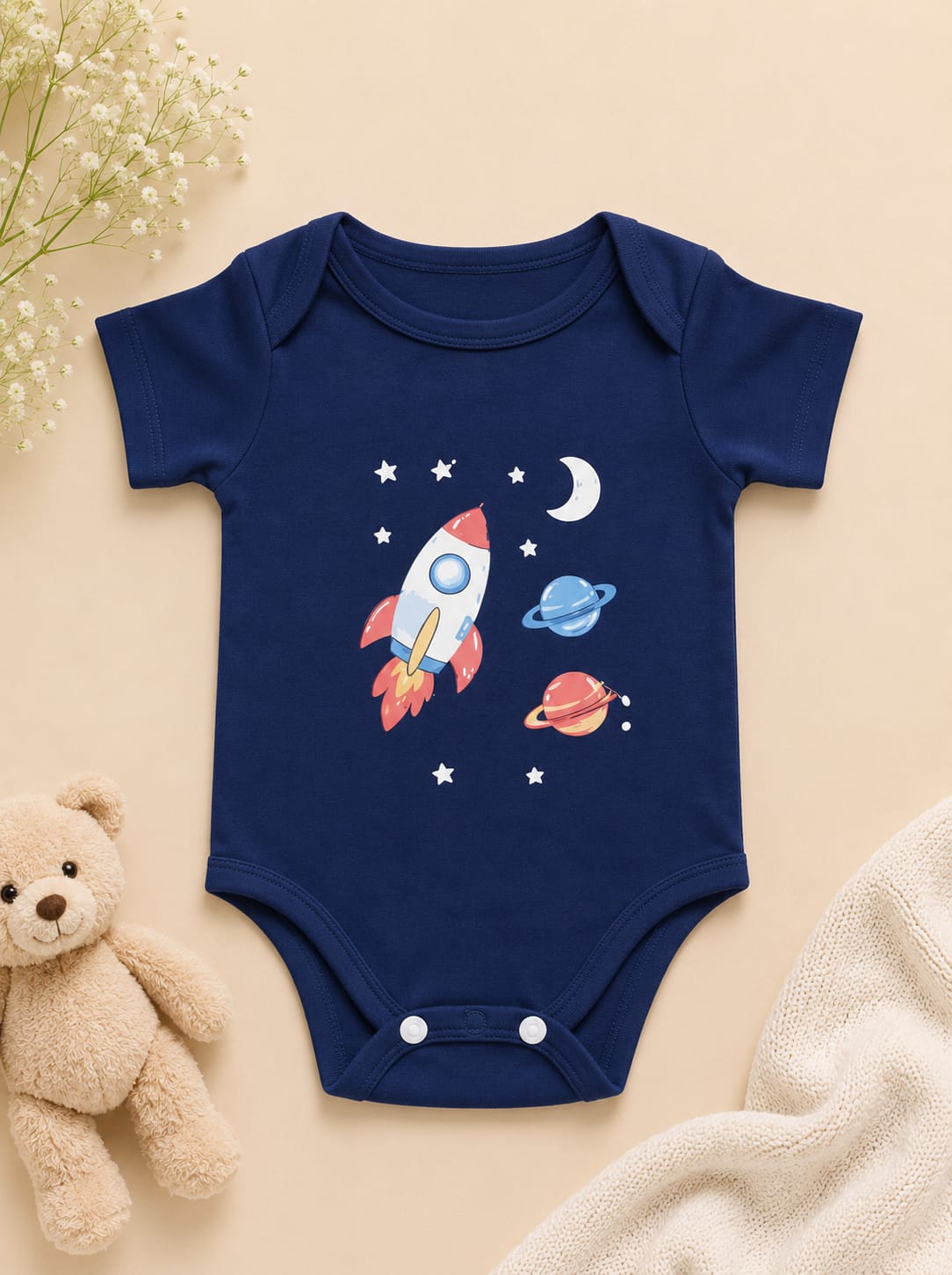 Navy blue short-sleeve baby bodysuit featuring a cartoon rocket ship and outer space planet graphic by NIFTY.