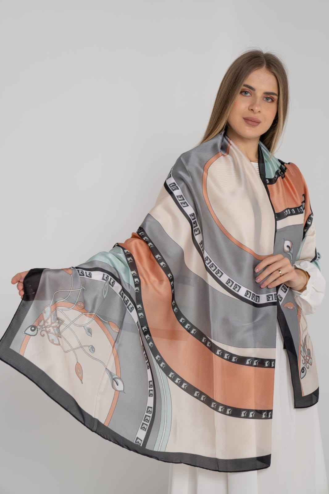 Multi-color abstract silk-satin scarf with grey, terracotta, and mint geometric patterns