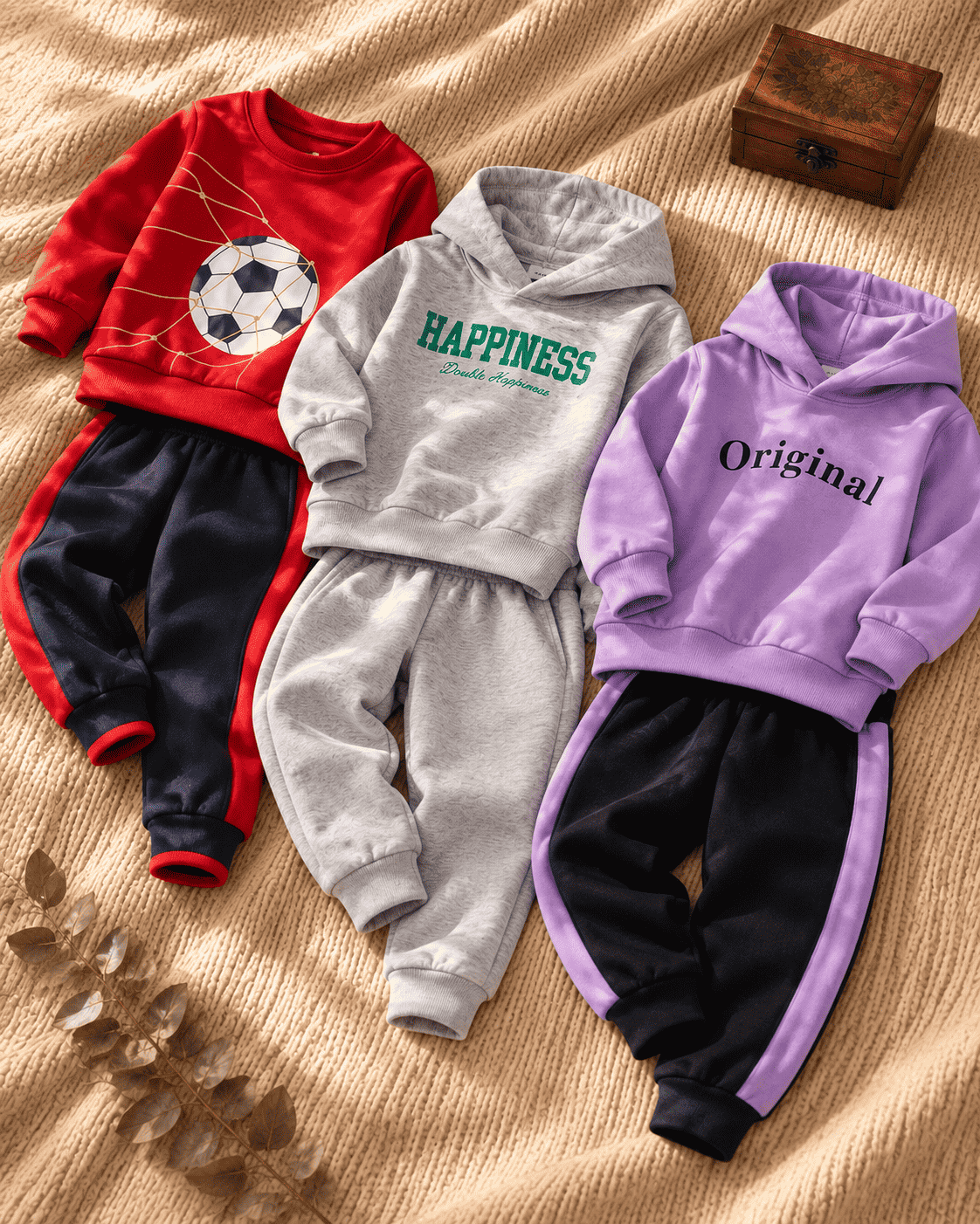 Pack of 3 Kids Sweatshirt & Jogger Sets: Soccer, Happiness & Original