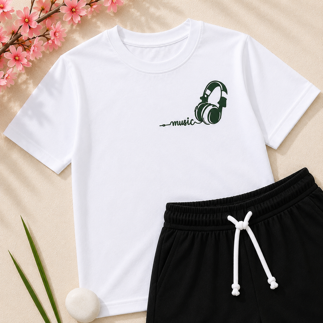 Boys White & Dark Green Music Headphones T-Shirt & Shorts Set