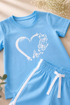 Girls Sky Blue Butterfly Heart T-Shirt & Shorts Set