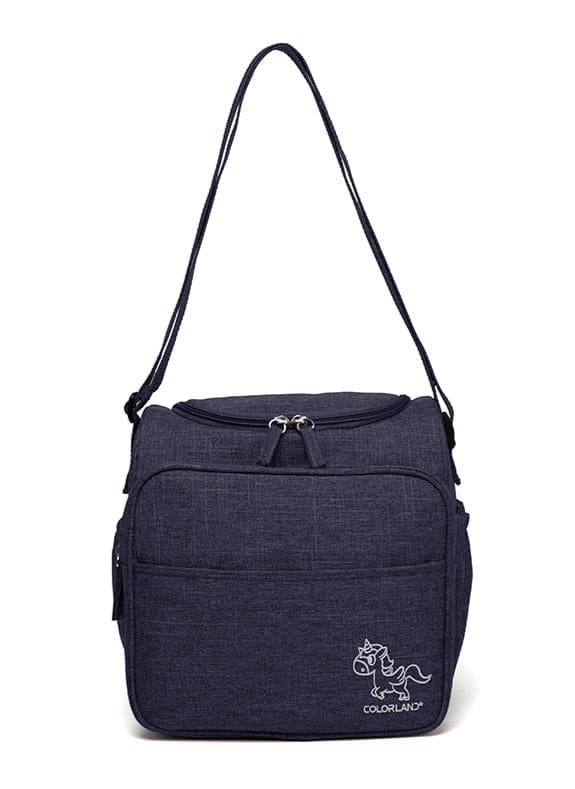 Color land navy blue messenger diaper bag with embroidered unicorn design.