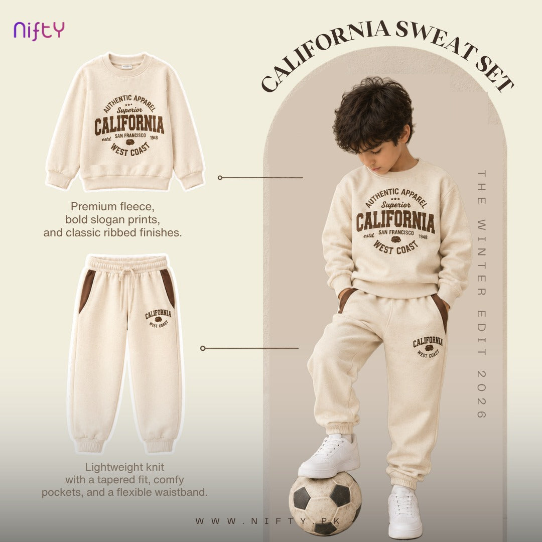 Kids beige California print fleece sweatshirt and jogger set