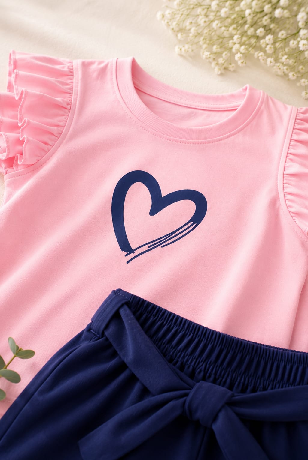 Girls Pink & Navy Heart Print T-Shirt & Shorts Set