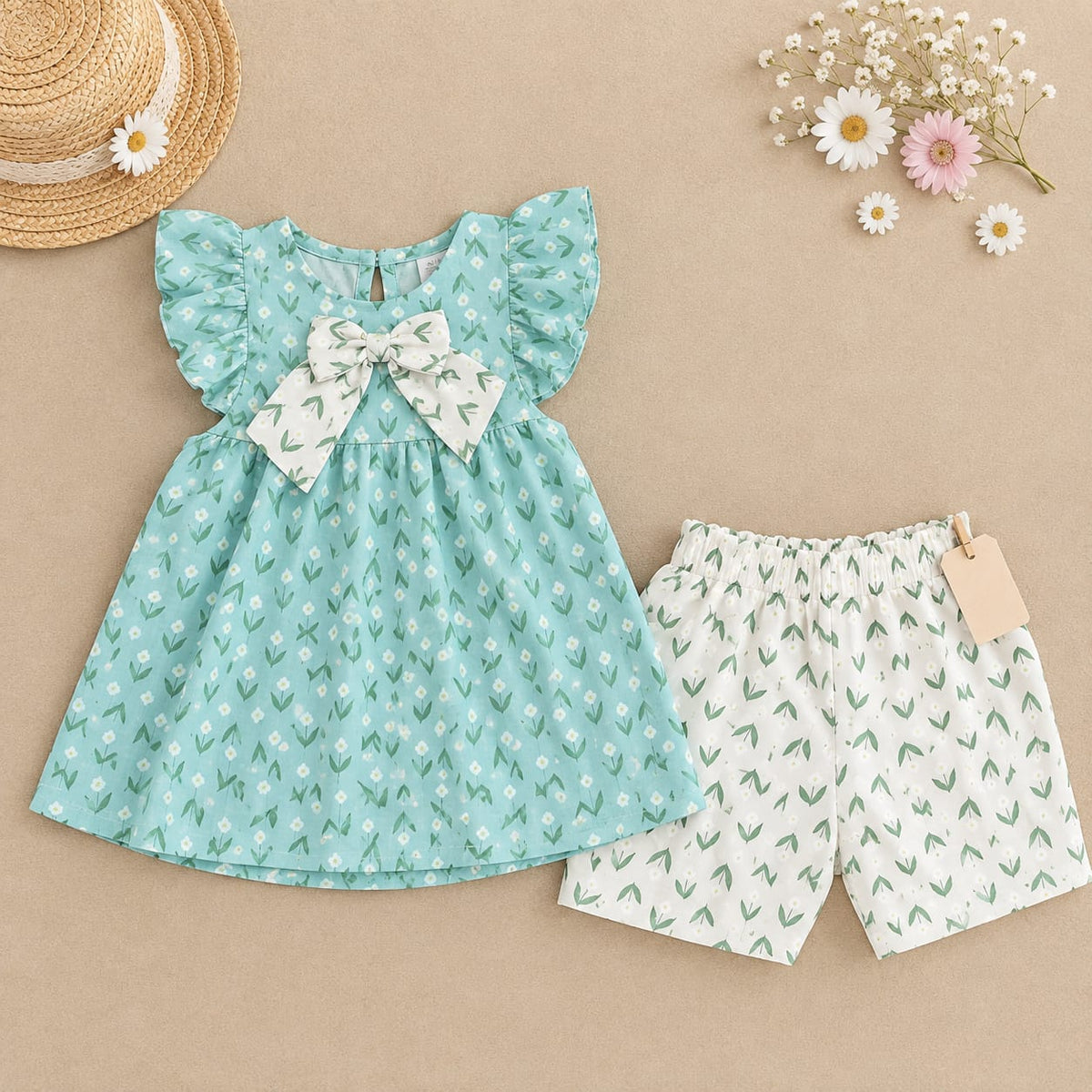 Girls mint floral top and shorts set with bow