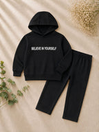 Girls Black "Believe in Yourself" T-Shirt & Trouser Set