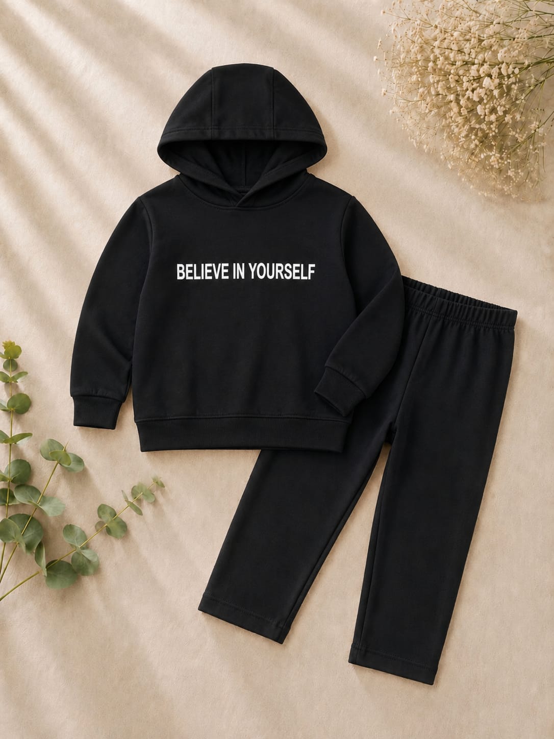 Girls Black "Believe in Yourself" T-Shirt & Trouser Set