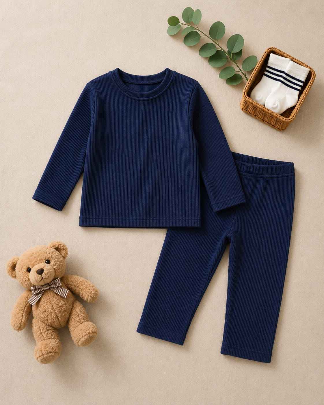 Plush Round Neck Style Ribbed Knit Sweat Set-Dark Blue