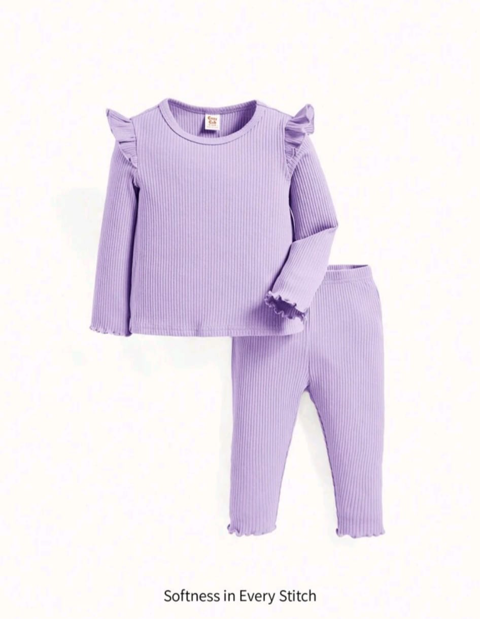 Plush Shoulder Frill Style Ribbed Knit Basic Set - Purple