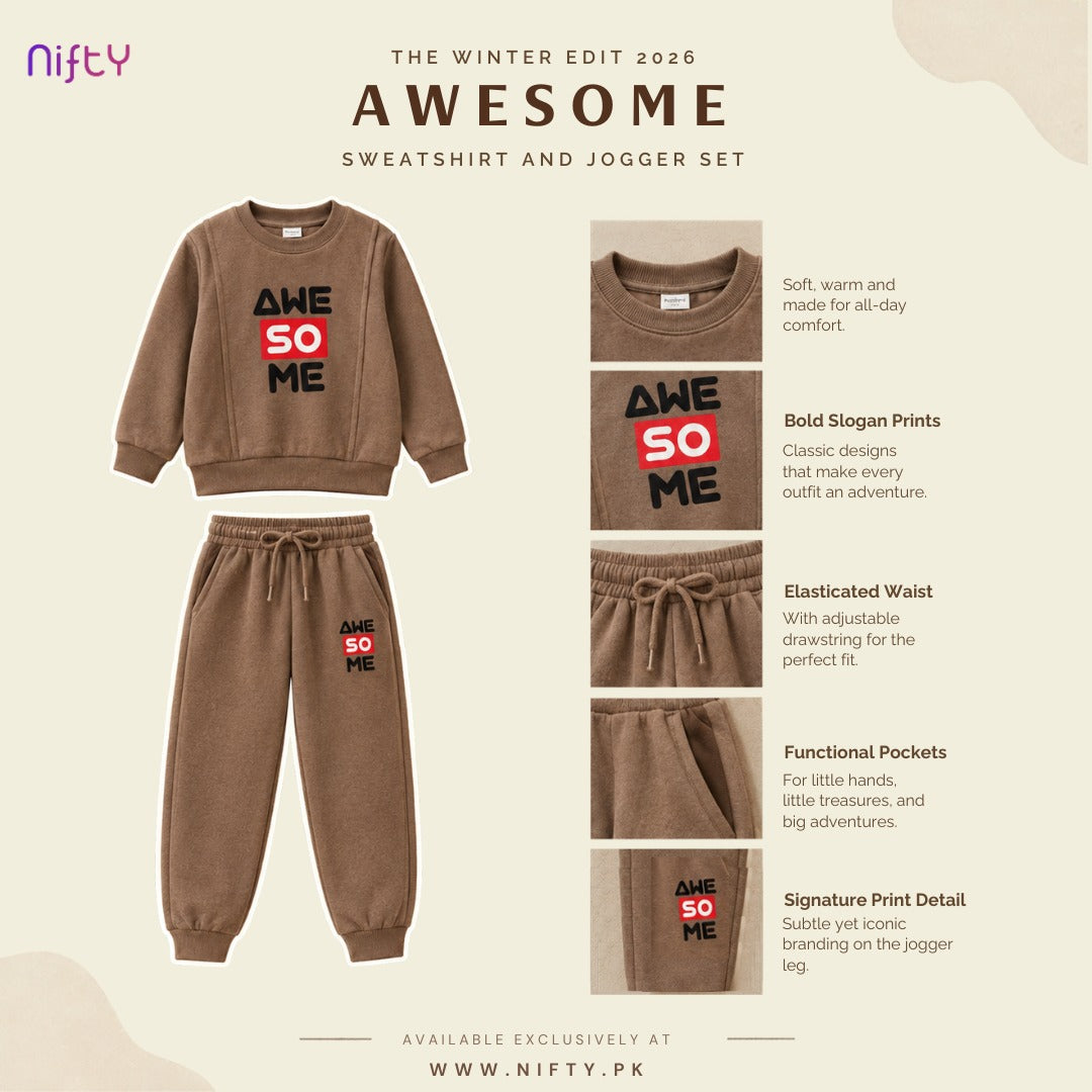 Taupe “Awesome” Kids Sweatshirt & Jogger Set