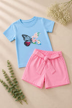 Girls Sky Blue & Pink Contrast T-Shirt & Shorts Set