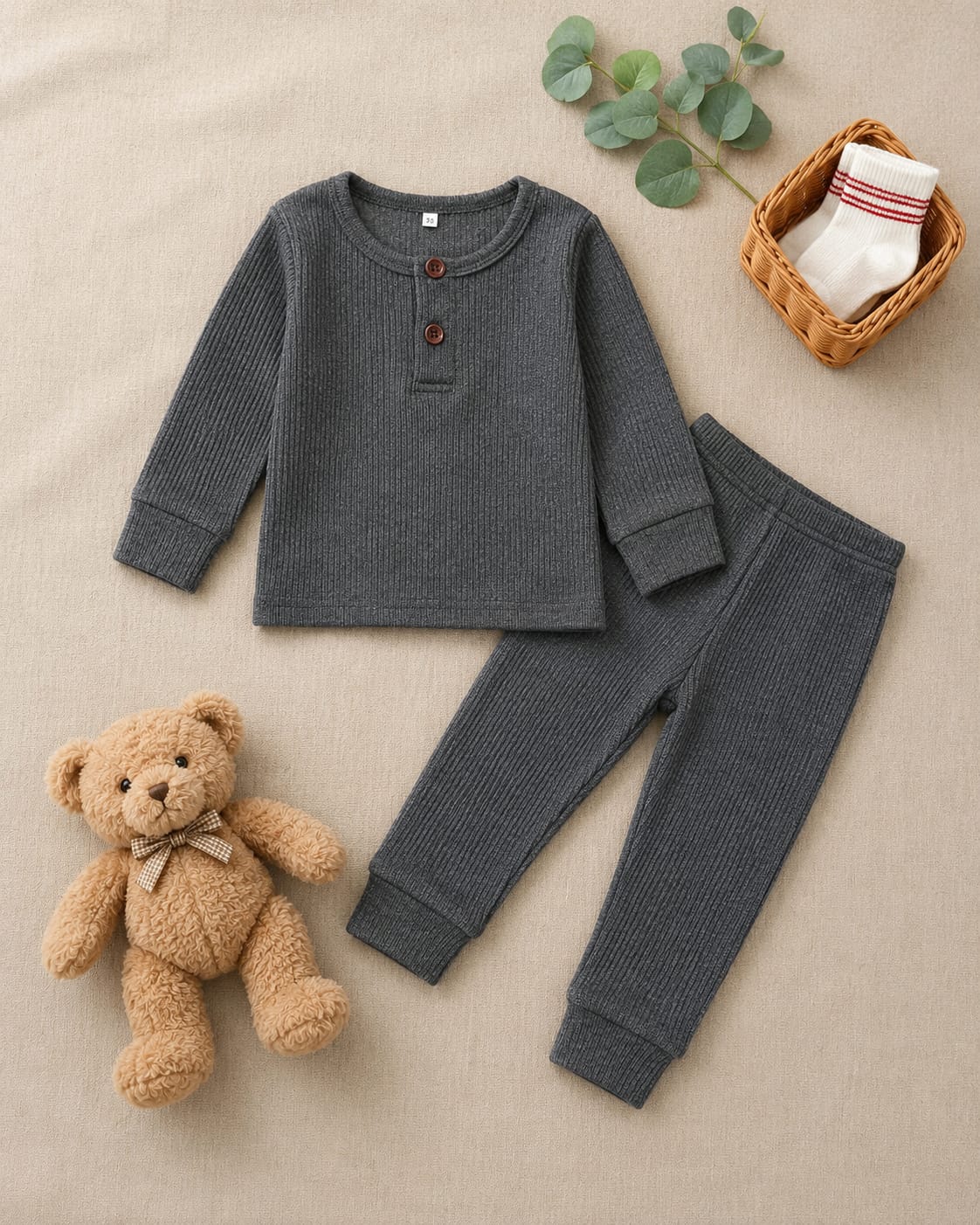Plush Round Neck Style Ribbed Knit Basic Set - Charcoal