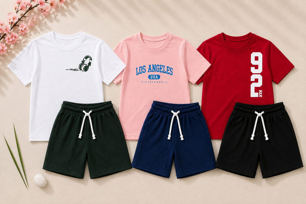 Boys printed jersey t-shirt shorts outfit set pack of 3