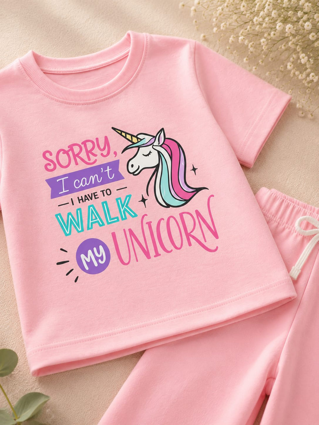 Girls Pink Unicorn T-Shirt & Cuffed Trouser Set