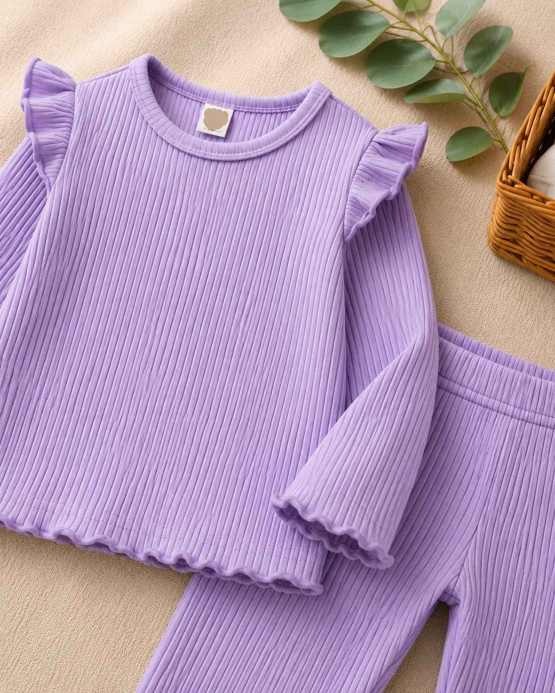 Plush Shoulder Frill Style Ribbed Knit Basic Set - Purple