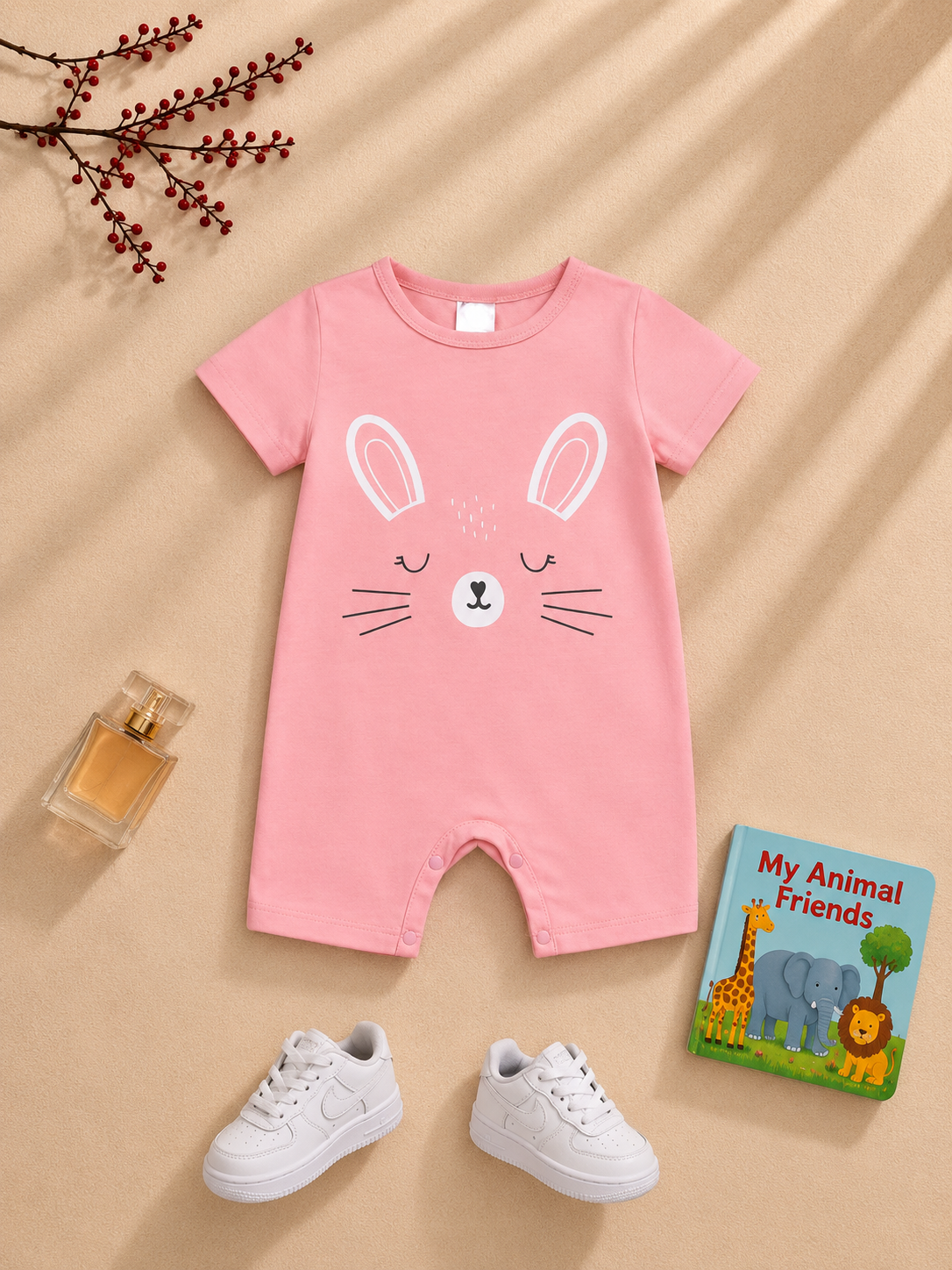 Plush-Printed Romper - Pink Cute Cat