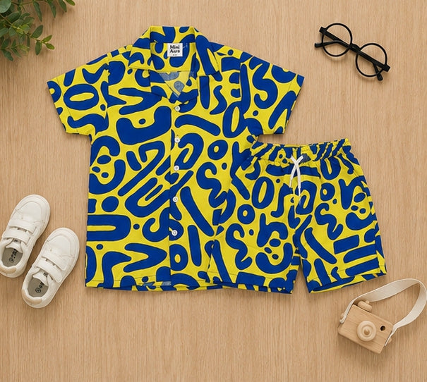 Boys yellow and royal blue abstract doodle print short-sleeve button-down shirt and matching shorts set.