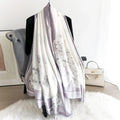 Lavender and white silk-satin scarf with grey rose floral pattern and bordered edge