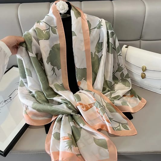 Sage green and peach botanical leaf print silk-satin scarf with peach border