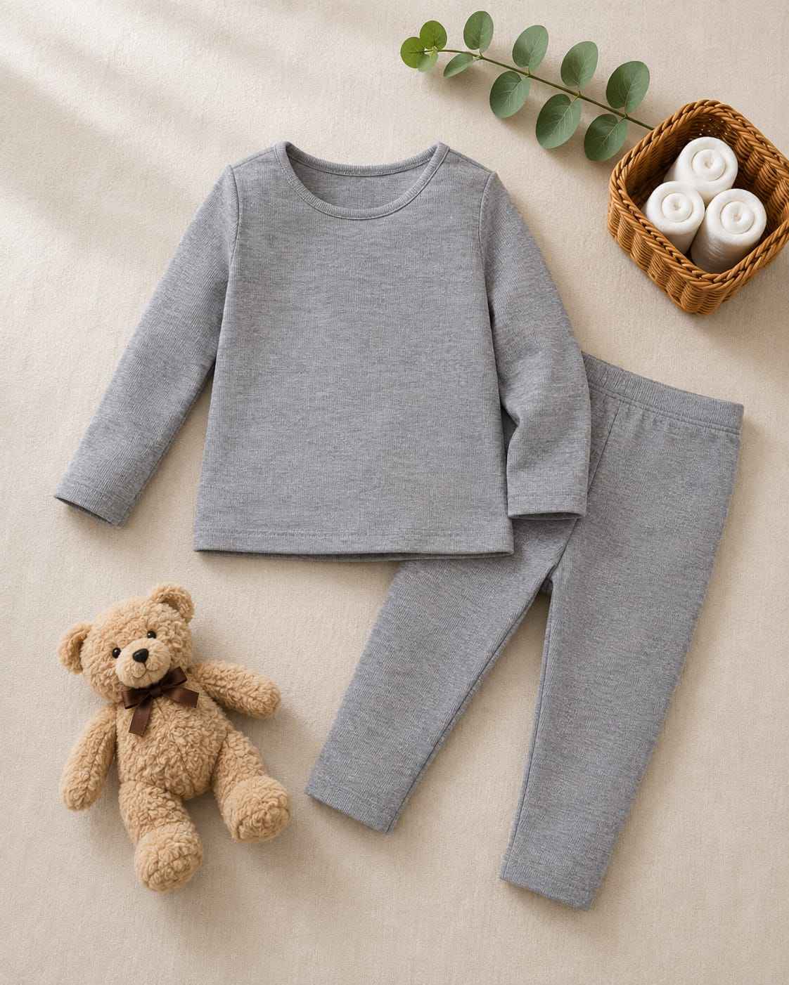 Plush Round Neck Style Ribbed Knit Sweat Set - Ash Grey