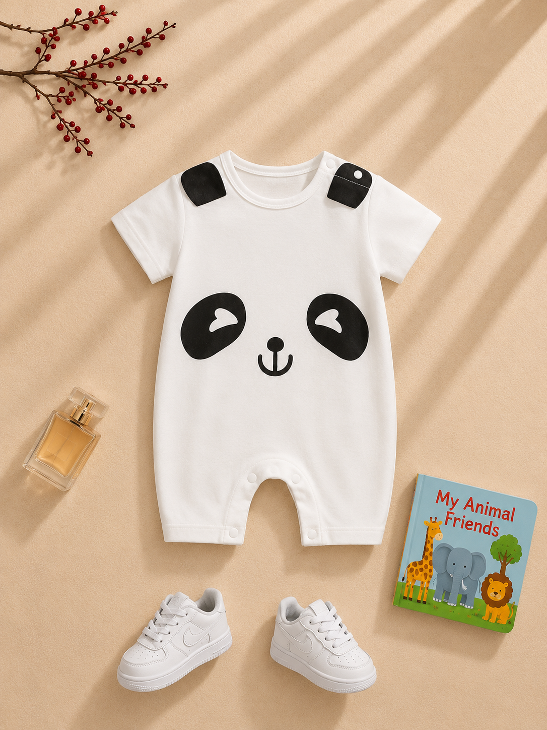 Plush-Printed Rompers - Panda - White