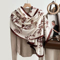 Cream silk-satin scarf with brown wildflower botanical print and espresso border