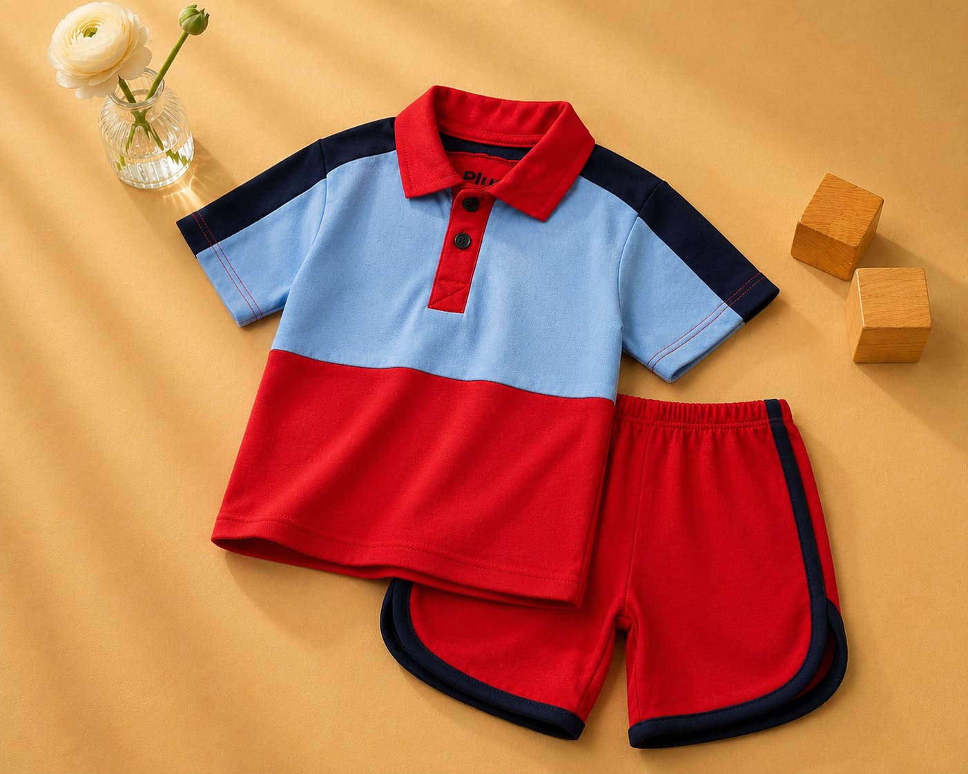 Plush-Baby Plaid Polo Shirt & Shorts-Red-Blue
