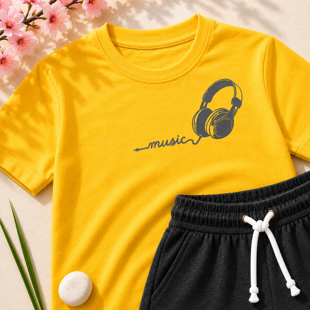 Boys Yellow & Dark Grey Music Headphones T-Shirt & Shorts Set