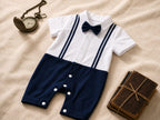 White & Navy Blue Bow Tie Polo Romper for Babies | Soft Interlock Bodysuit