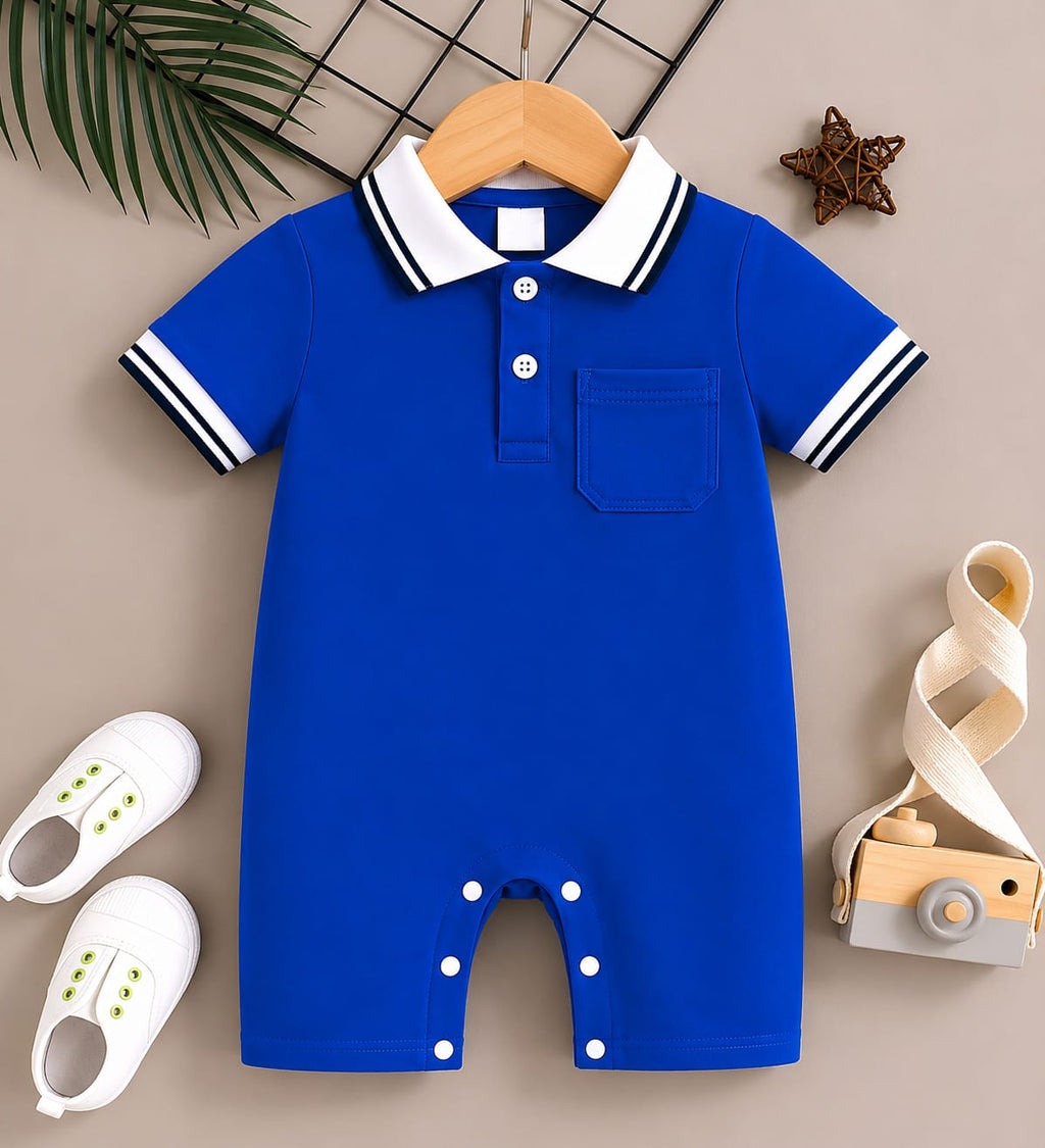 Royal Blue Polo Romper for Babies | Soft Interlock Bodysuit