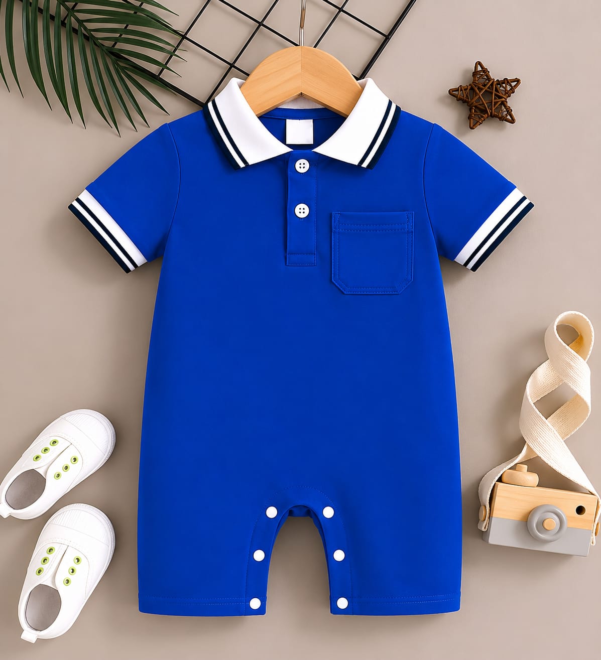 Plush-Polo Romper - Royal blue with white Collars