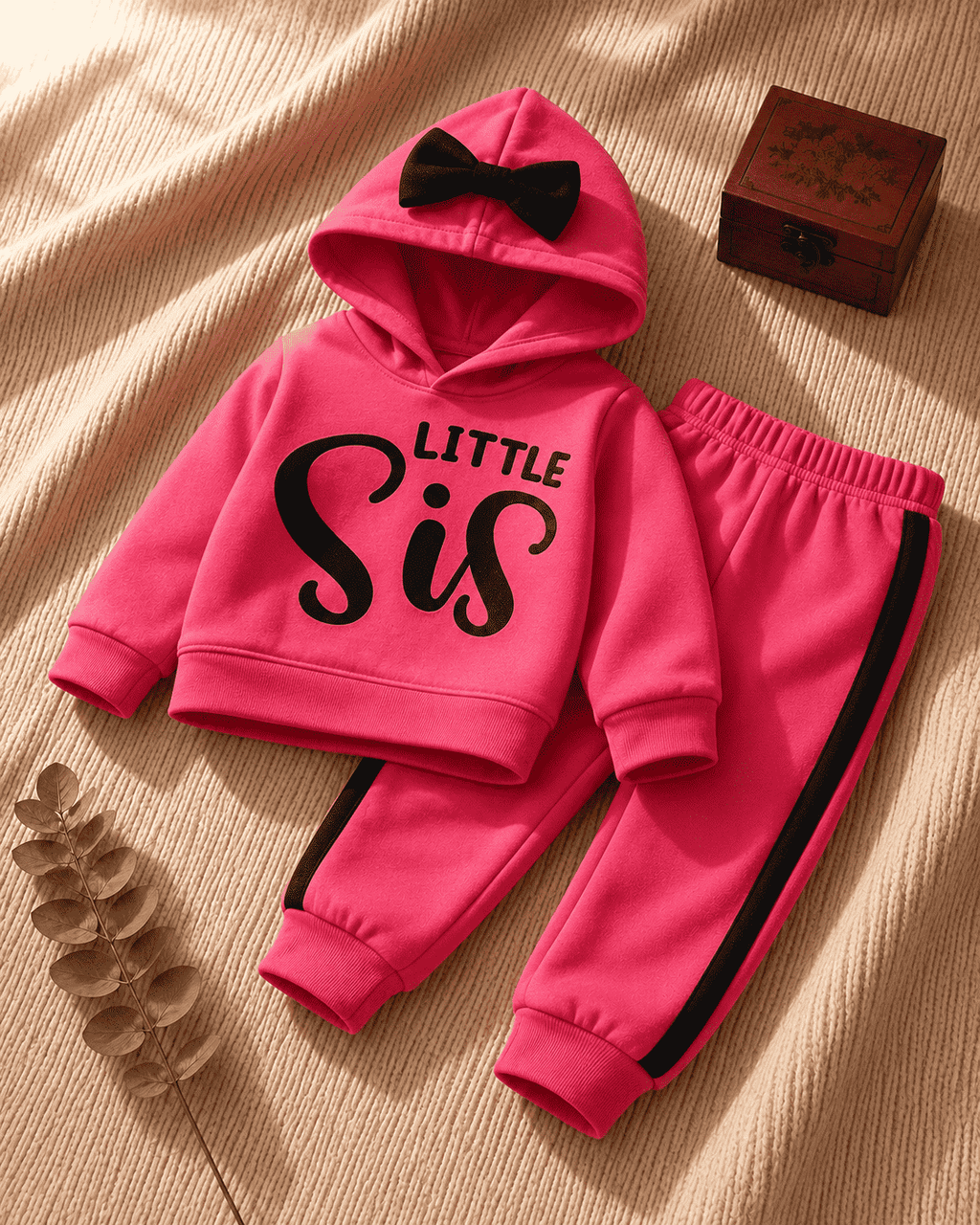 Plush Hoodied Fleece Shirt & Trouser - Little Sis in Hot Pink