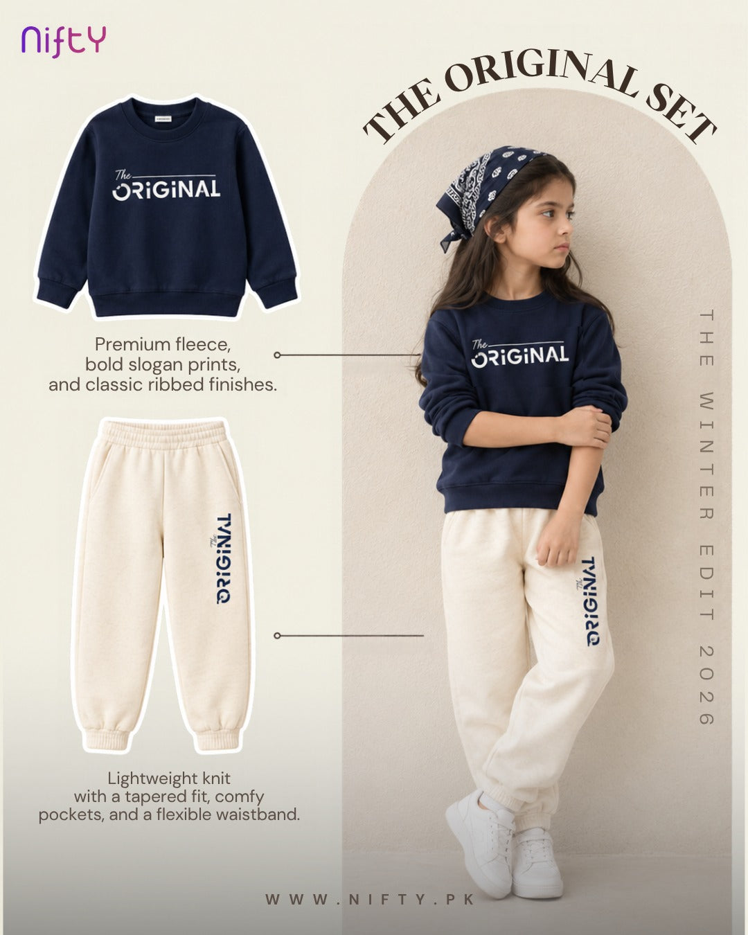 Kids navy The Original print sweatshirt with beige jogger pants