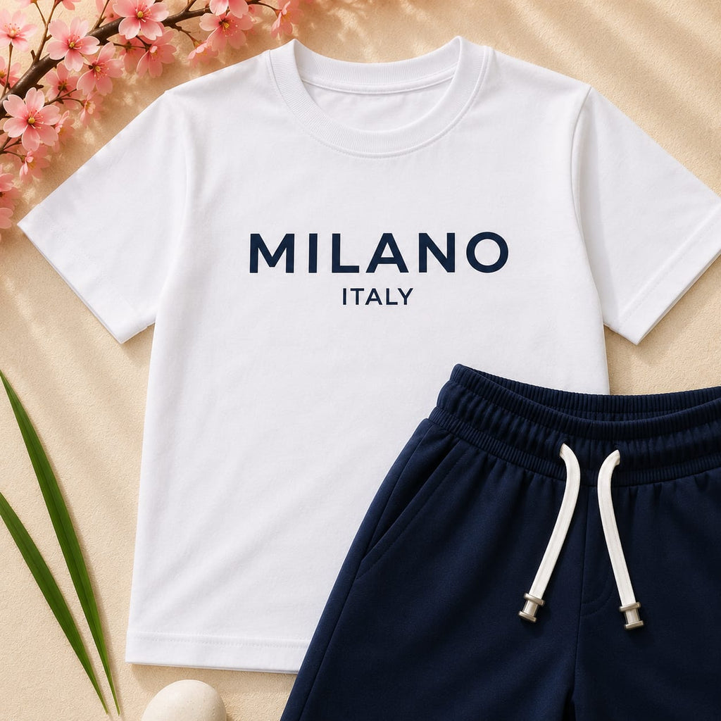 Boys White & Navy "Milano Italy" T-Shirt & Shorts Set