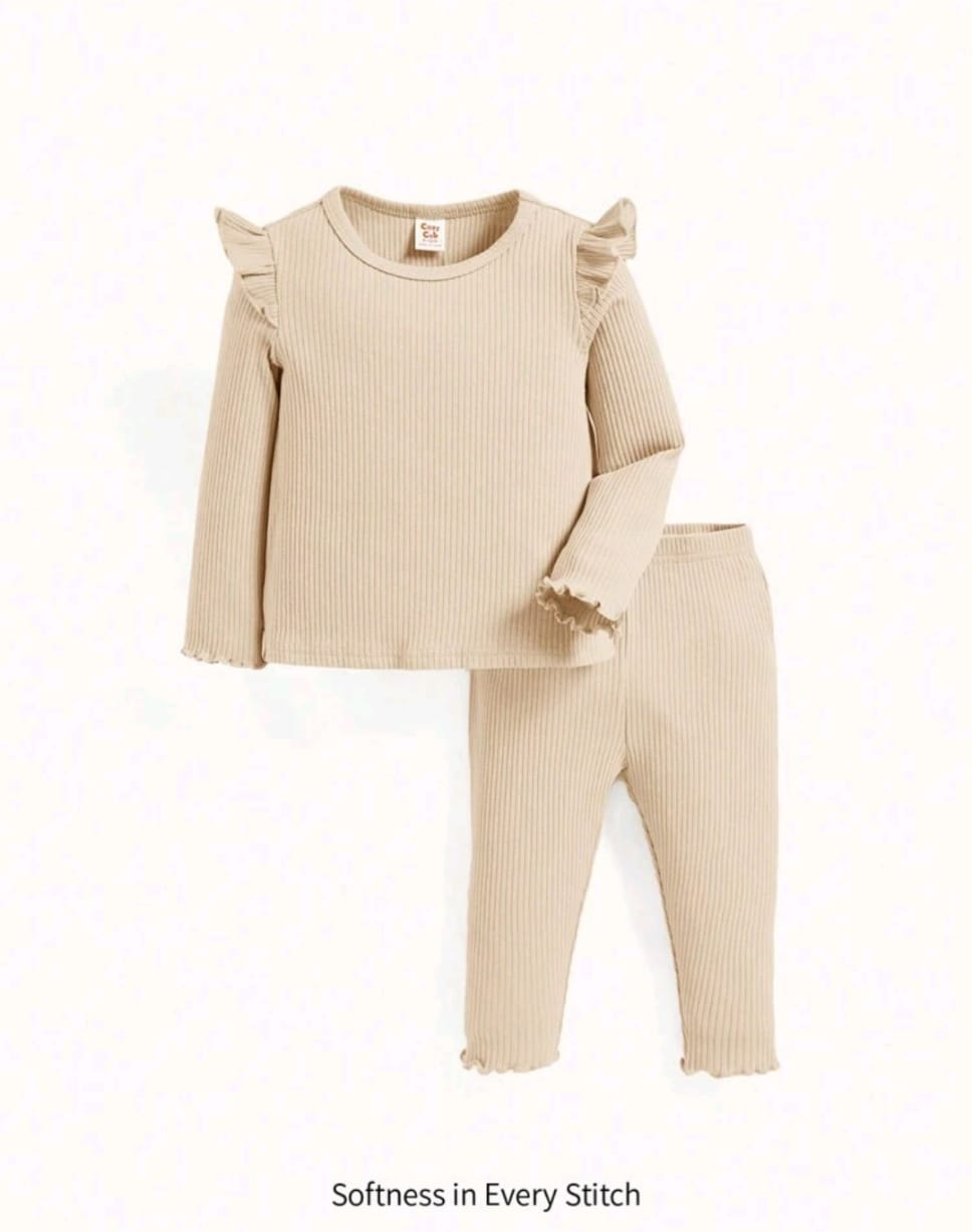 Plush Shoulder Frill Style Ribbed Knit Basic Set - Caramel