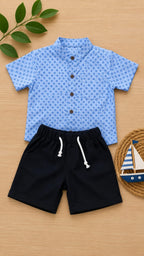 Blue printed boys shirt and shorts set