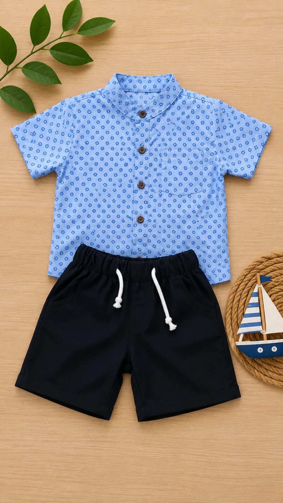 Blue printed boys shirt and shorts set