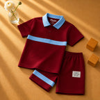 Plush-Baby Plaid Polo Shirt & Shorts-Red-Blue