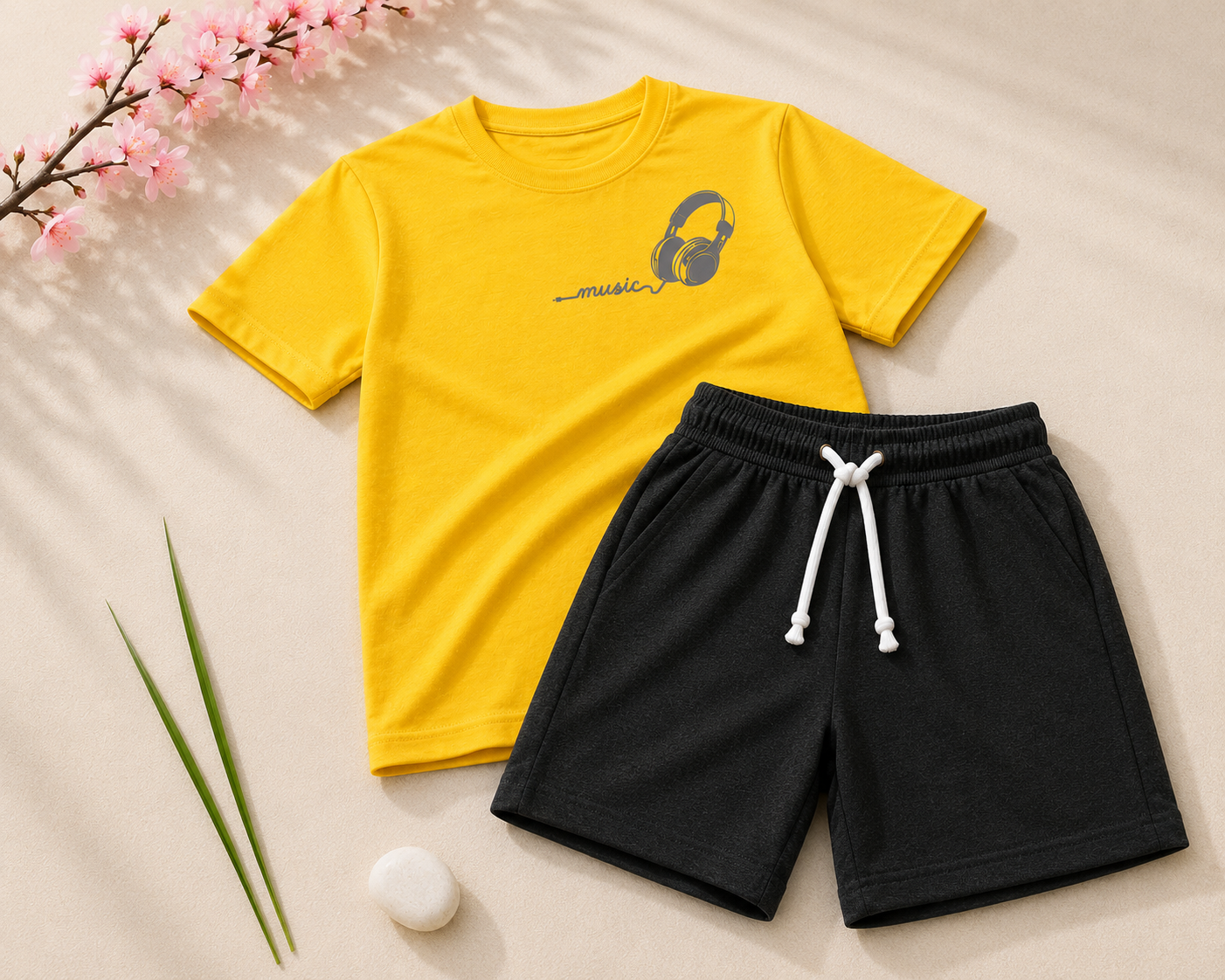 Boys Yellow & Dark Grey Music Headphones T-Shirt & Shorts Set