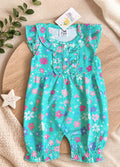 Baby girl mint green sleeveless romper with pink and purple floral print and ruffle collar.