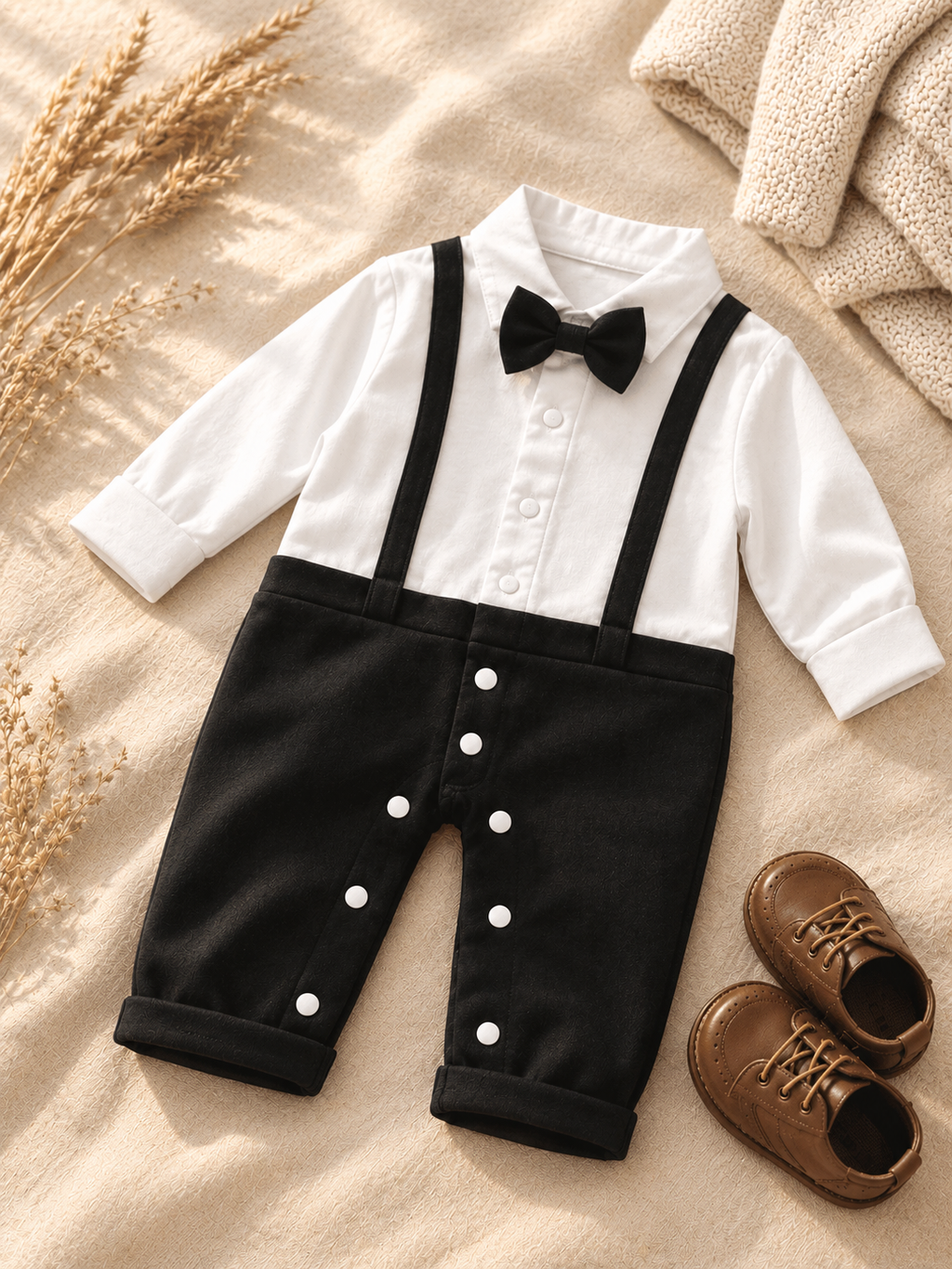 Baby Boy Tuxedo Romper with Bow Tie & Suspenders – Cuffed Formal Outfit