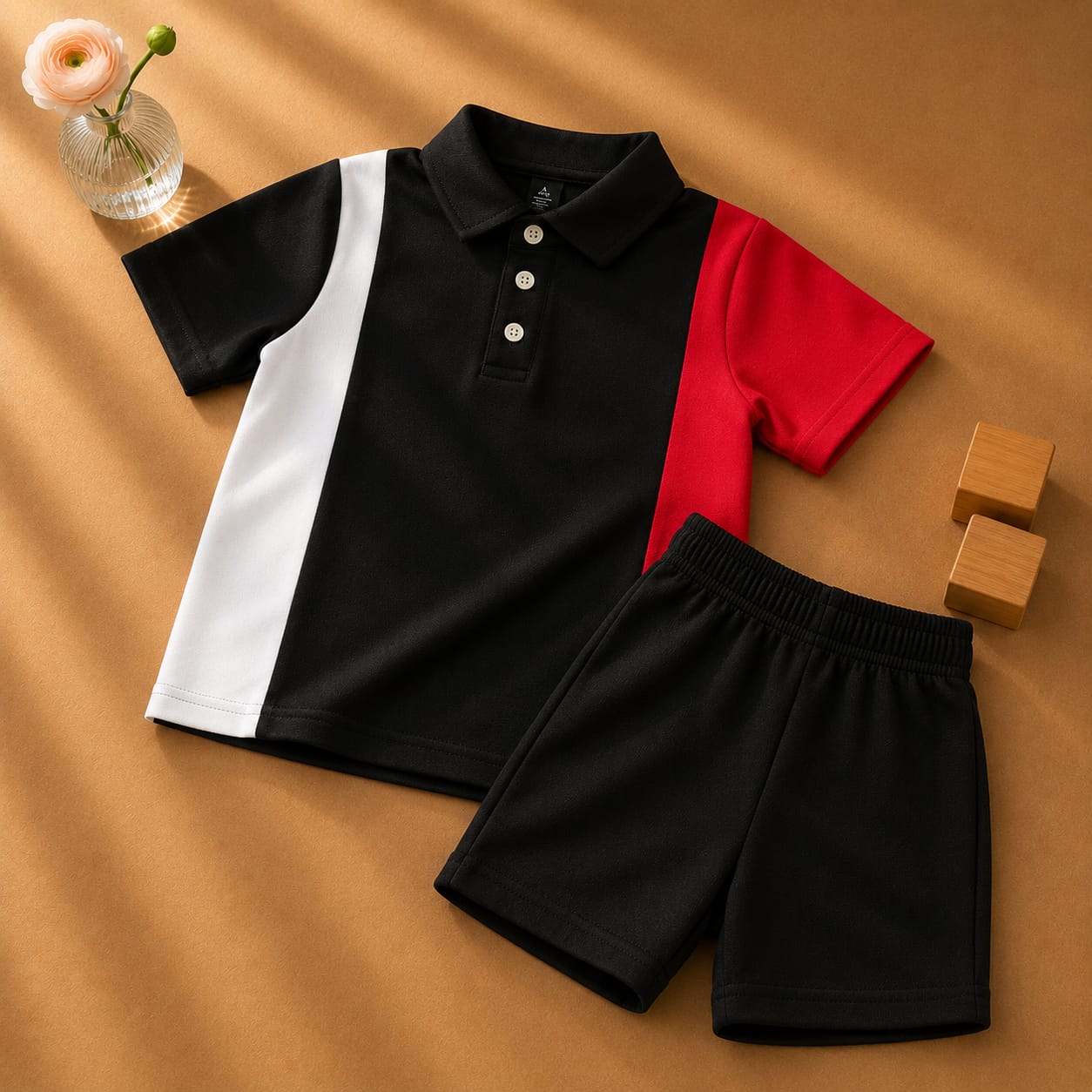 Plush-Baby Plaid Polo Shirt & Shorts-White/Red/Black