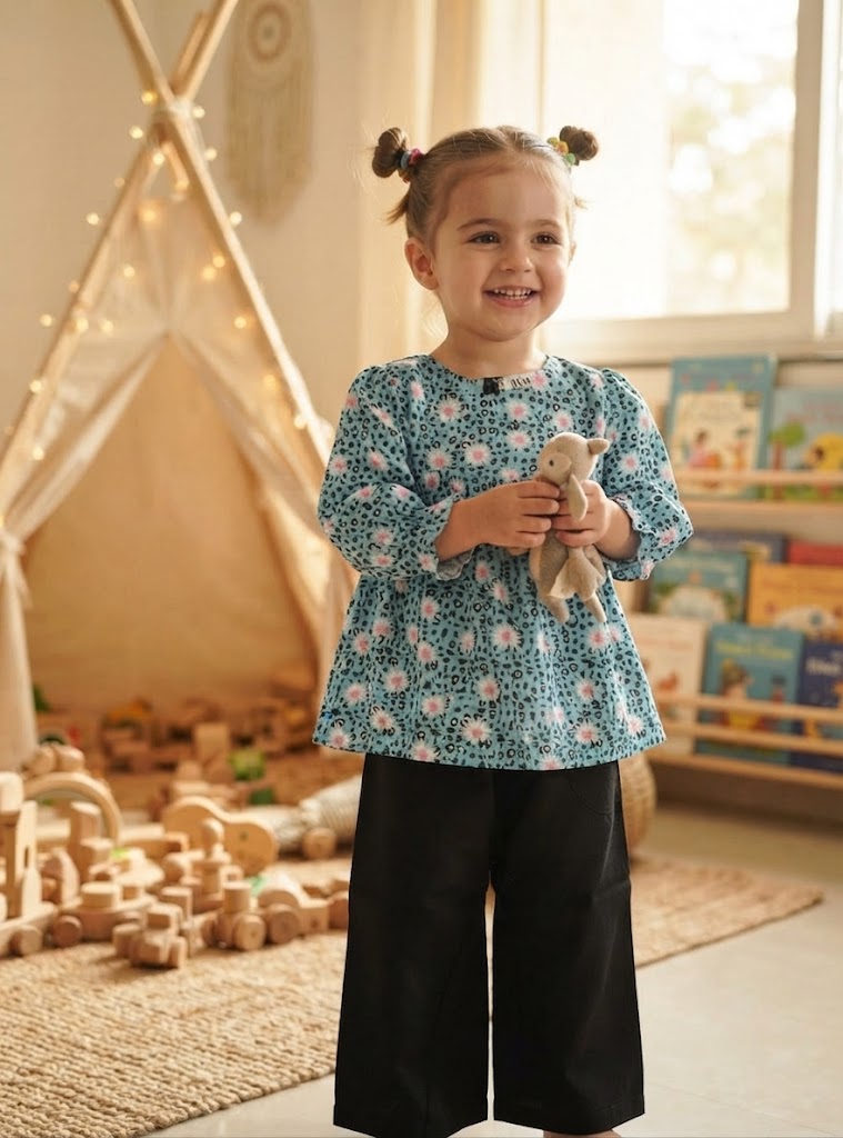 Turquoise blue girls floral printed dress