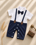 Baby boy navy blue bow-tie suspender romper