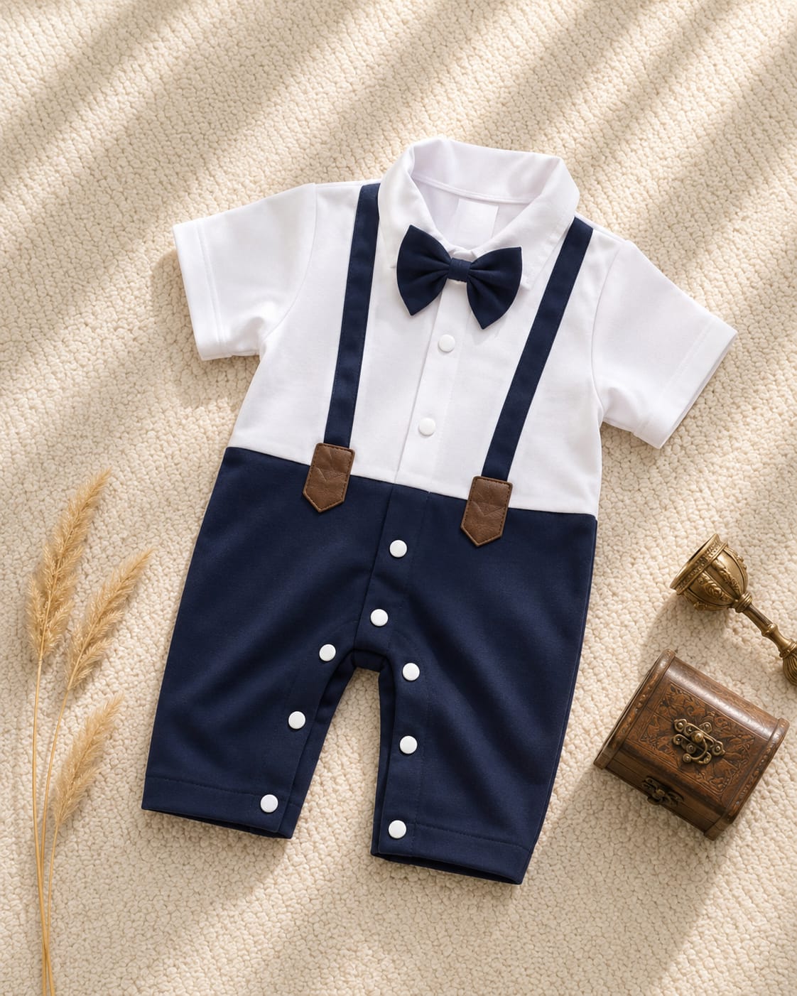 Baby boy navy blue bow-tie suspender romper