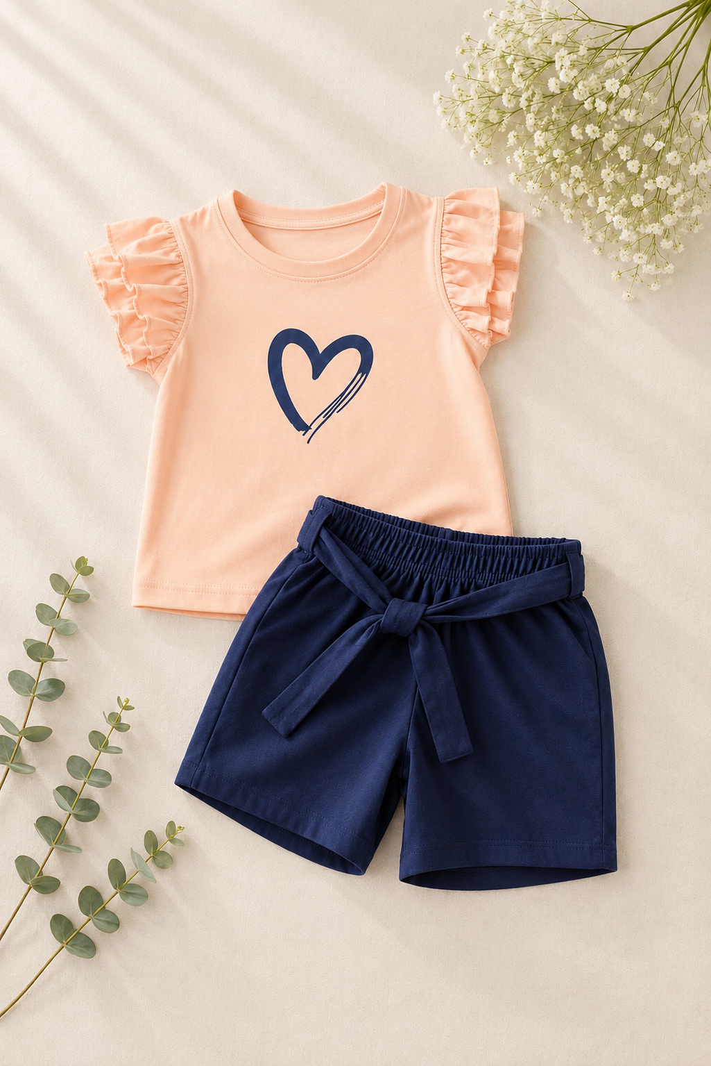 Girls peach ruffle sleeve heart top with navy tie-waist shorts set