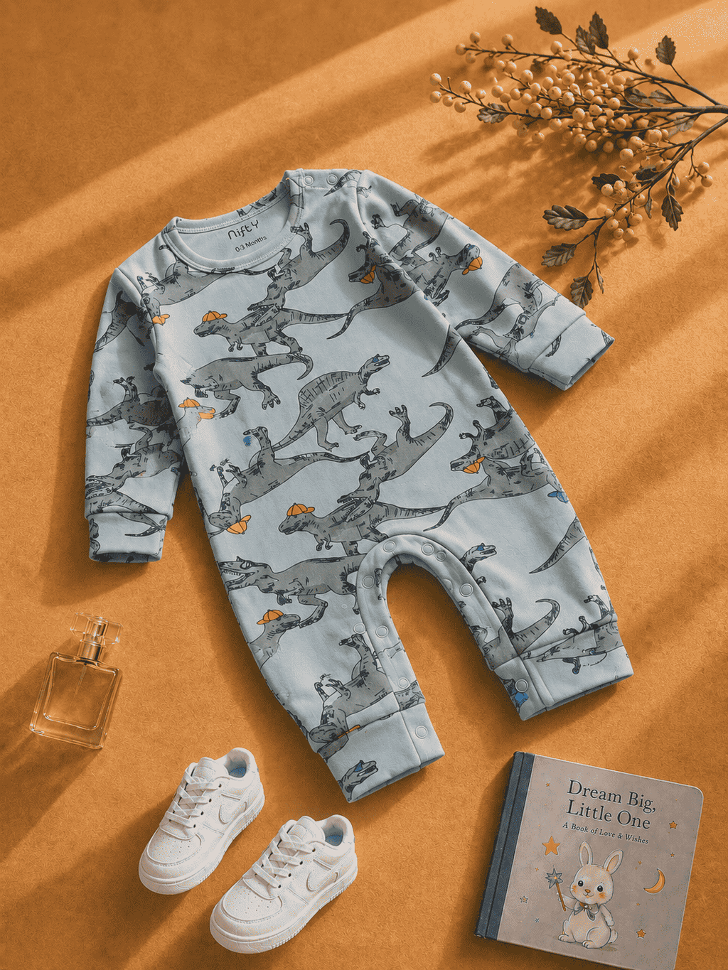 Baby Dinosaur Romper | Grey-Blue Long Sleeve Jumpsuit