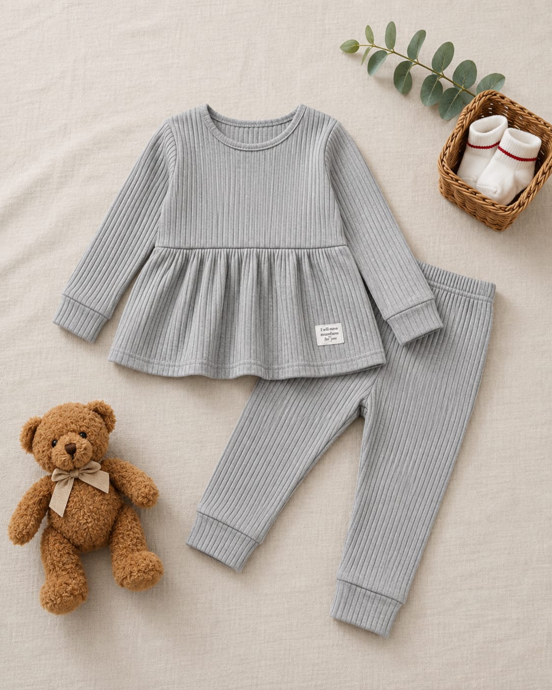 Plush-Ribbed Knit Frock with Cuff Trousers -  Grey