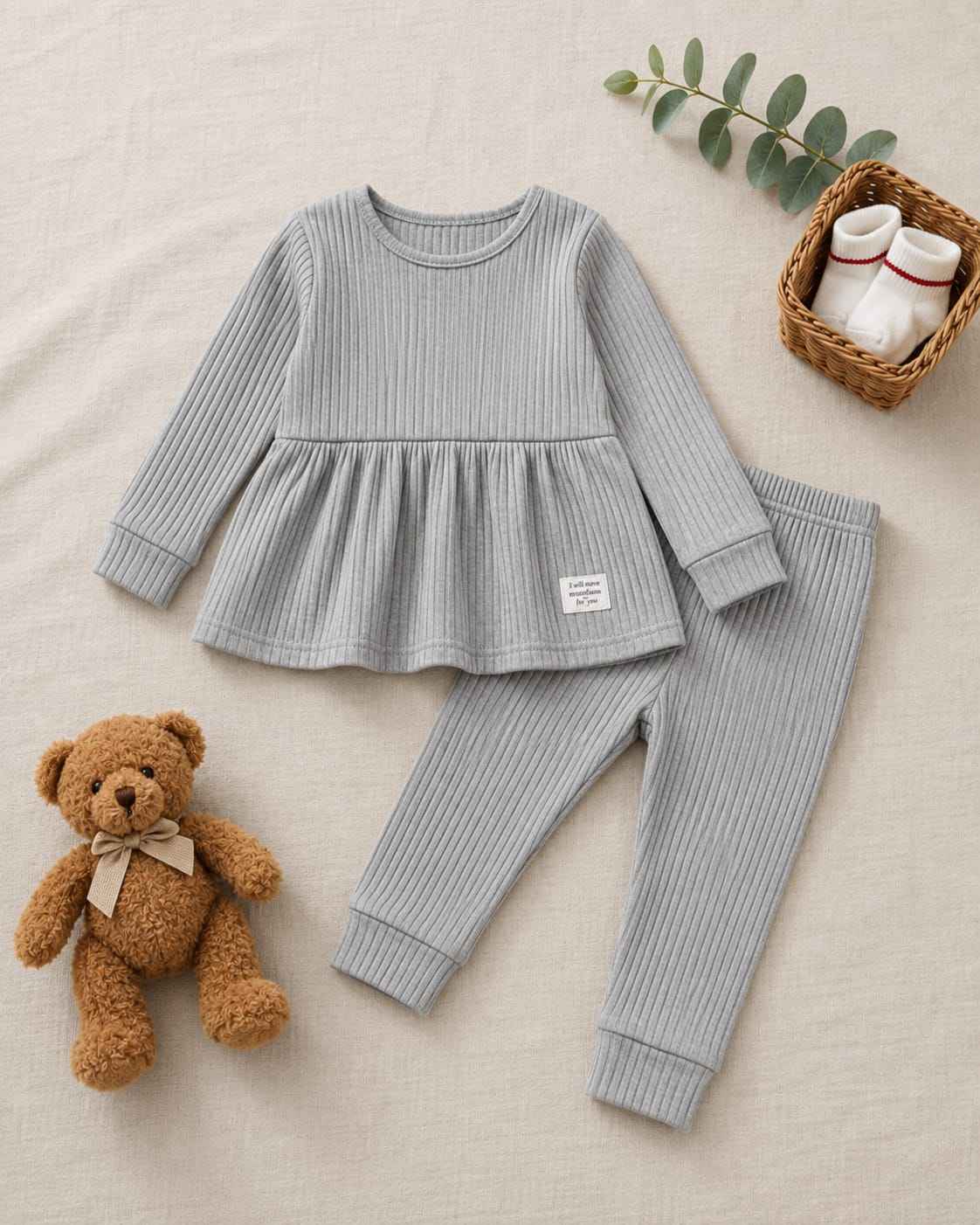 Plush-Ribbed Knit Frock with Cuff Trousers -  Grey