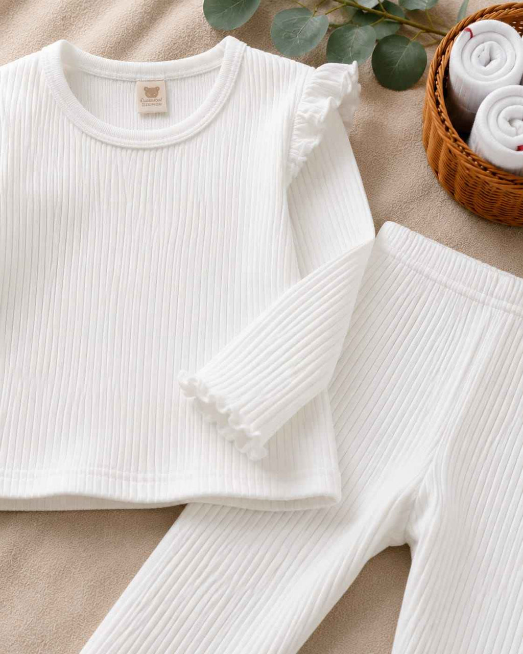 Plush Shoulder Frill Style Ribbed Knit Basic Set - White